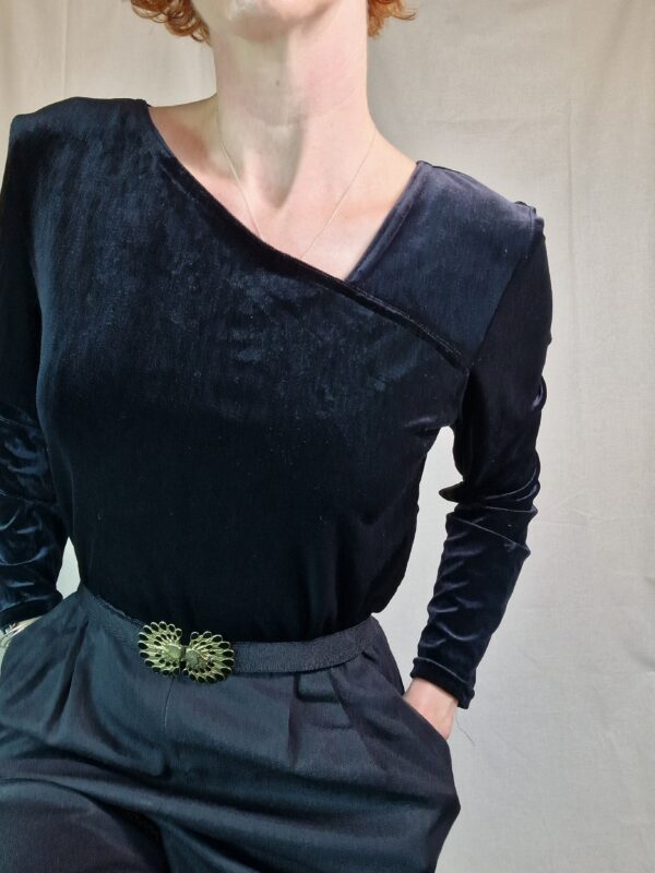 1980s Black velvet asymmetric neckline jumpsuit UK 12 2