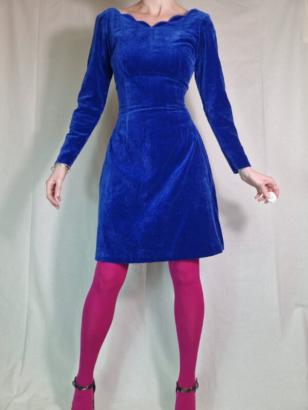 Cobalt blue velvet scalloped neck dress UK 8-10 2