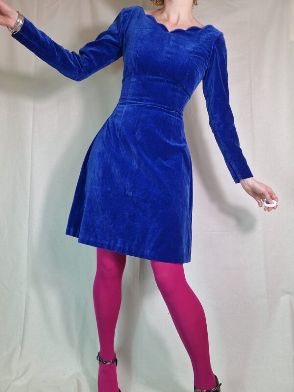 Cobalt blue velvet scalloped neck dress UK 8-10 3