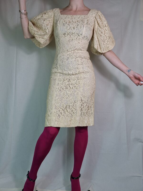 1980s Union made cream lace puff sleeve dress UK 10 1