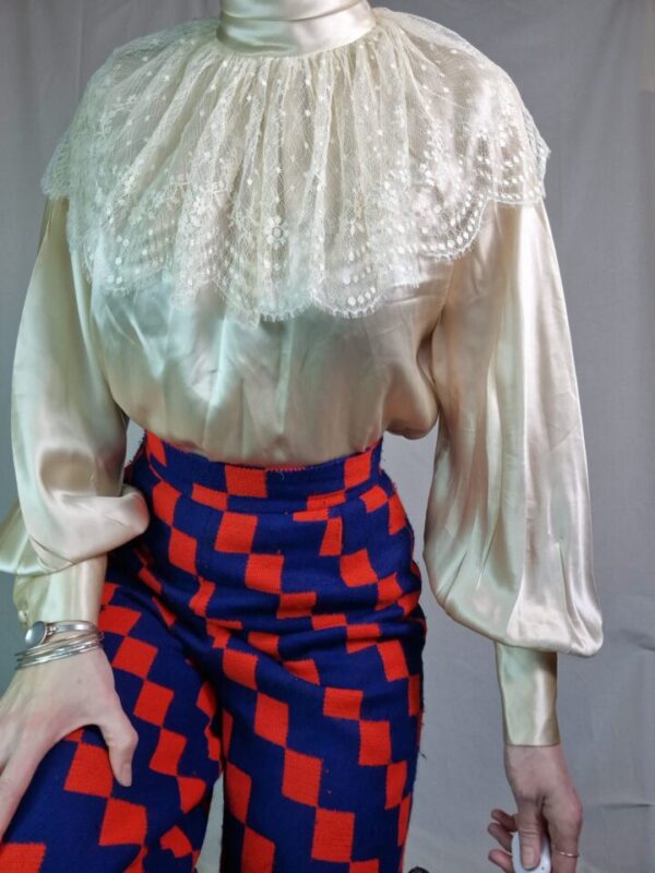 1980s Anne Klein bishop sleeved lace collared silk shirt UK 12 - Image 2