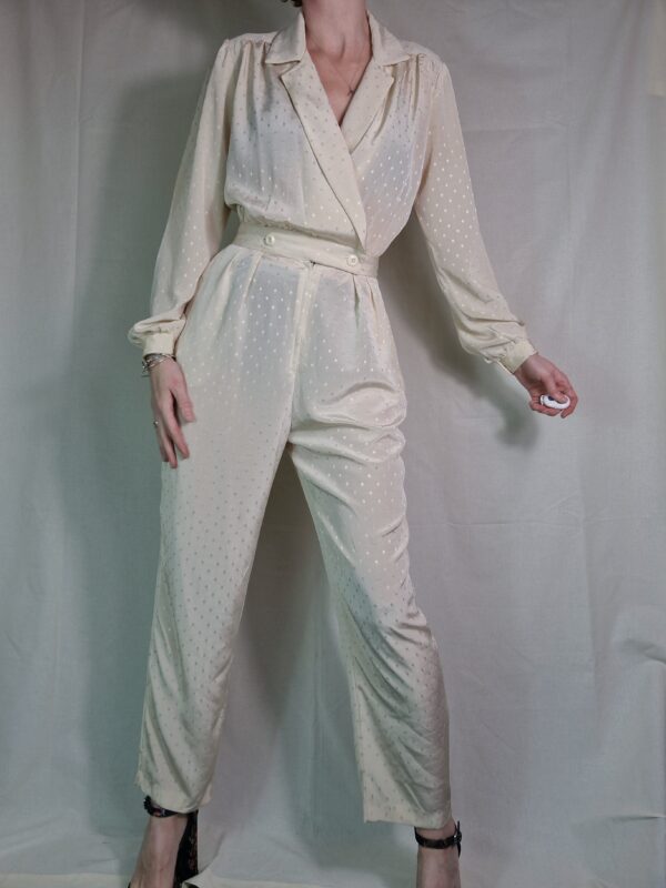 1980s Collared cream sheer swiss dot jumpsuit UK 8-10 1