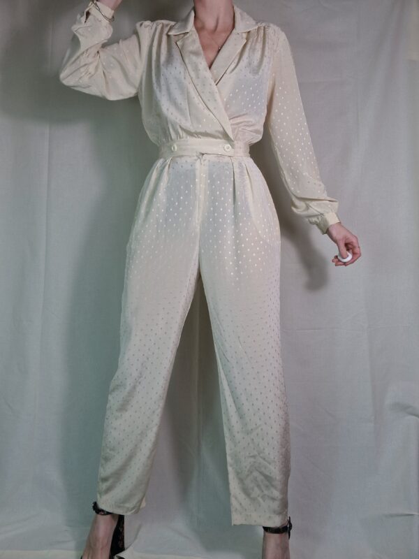 1980s Collared cream sheer swiss dot jumpsuit UK 8-10 3