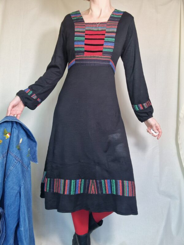 1970s Black Afghan style dress UK 10-12 1