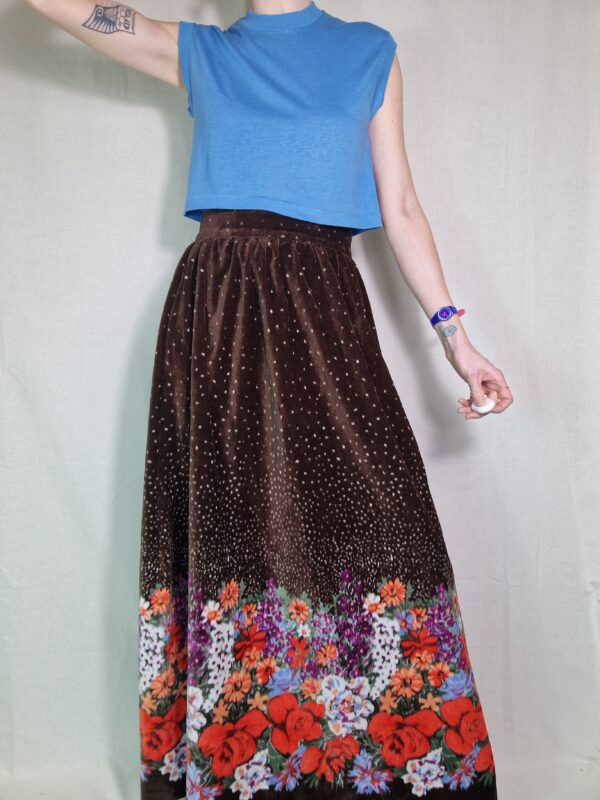 70s Brown Velvet Floral Maxi Skirt UK 10-12 2