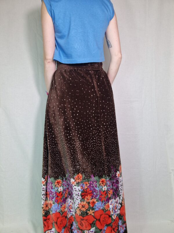 70s Brown Velvet Floral Maxi Skirt UK 10-12 4