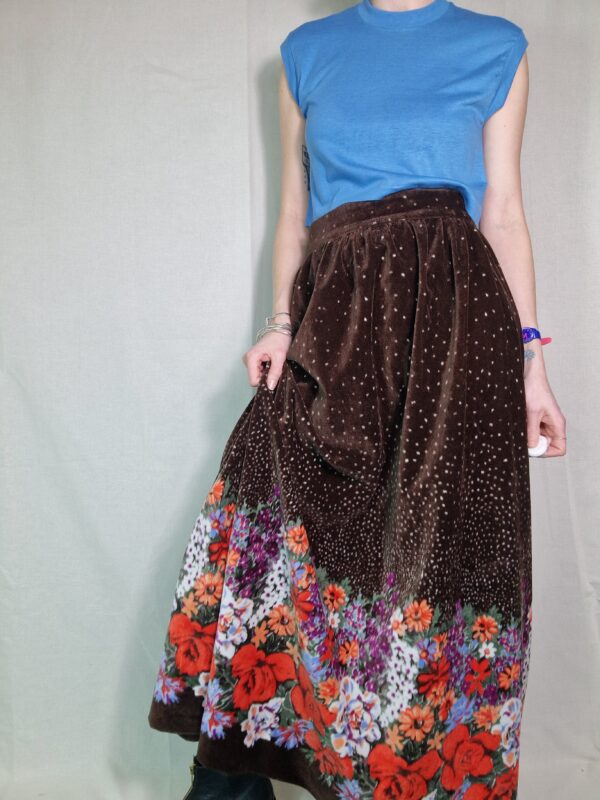 70s Brown Velvet Floral Maxi Skirt UK 10-12 3