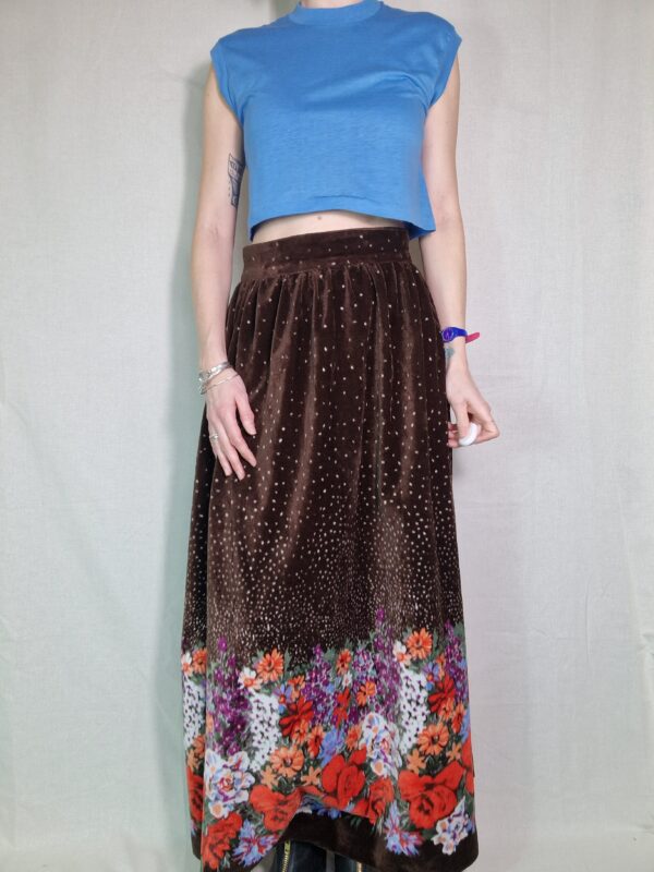 70s Brown Velvet Floral Maxi Skirt UK 10-12 1